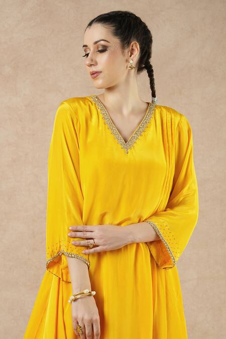 Dori & CO._Yellow Embroidery V-neck Golden Silk Crepe Kurta And Pants Set _Online_at_Aza_Fashions