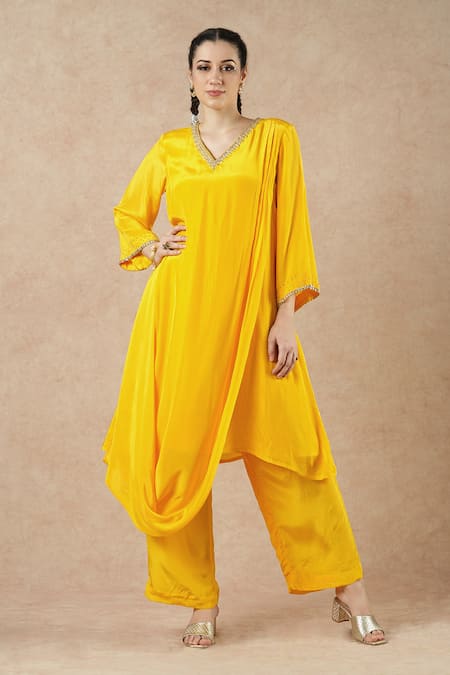 Dori & CO. Yellow Embroidery V-neck Golden Silk Crepe Kurta And Pants Set 