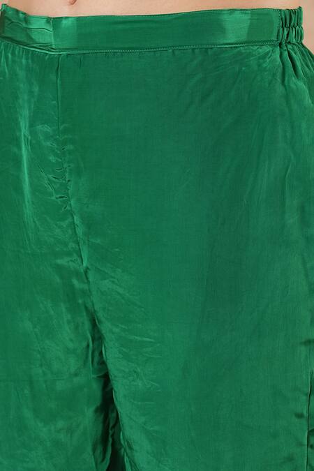 Dori & CO._Emerald Green Silk, Crepe Embroidery Round Neck Kaftan And Pants Set _Online_at_Aza_Fashions
