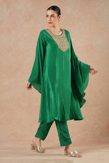 Buy_Dori & CO._Emerald Green Silk, Crepe Embroidery Round Neck Kaftan And Pants Set _Online_at_Aza_Fashions