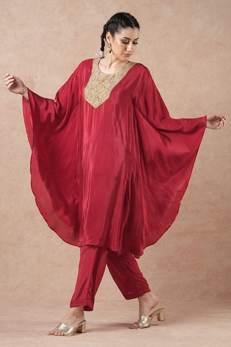 Dori & CO._Red Embroidery Round Neck Ruby Silk Crepe Kurta And Pants Set _Online_at_Aza_Fashions