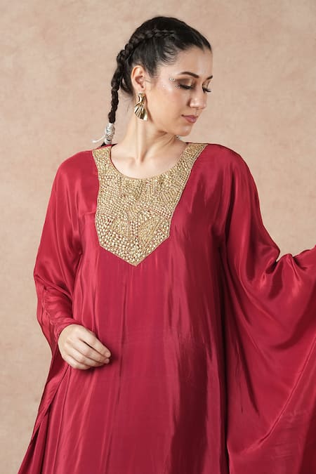 Shop_Dori & CO._Red Embroidery Round Neck Ruby Silk Crepe Kurta And Pants Set _Online_at_Aza_Fashions