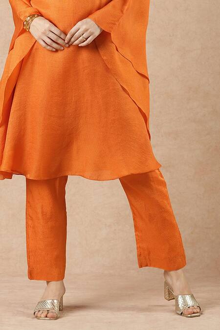 Dori & CO._Orange Embroidery Round Neck Tangerine Kurta And Pants Set _Online_at_Aza_Fashions