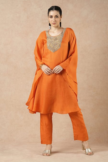 Dori & CO. Orange Embroidery Round Neck Tangerine Kurta And Pants Set 