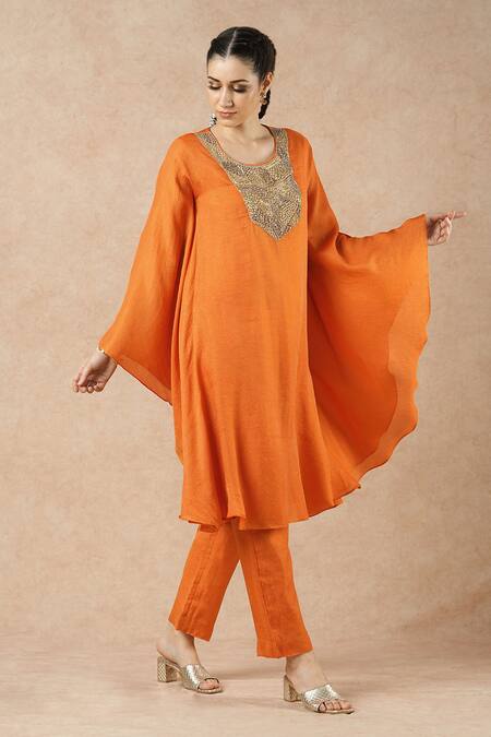 Buy_Dori & CO._Orange Embroidery Round Neck Tangerine Kurta And Pants Set _Online_at_Aza_Fashions