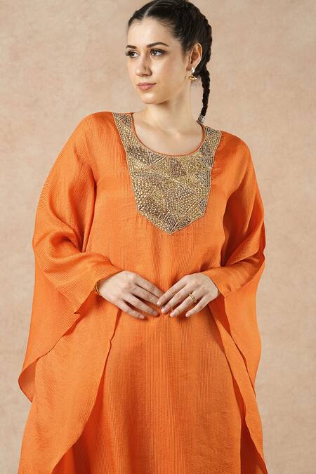 Shop_Dori & CO._Orange Embroidery Round Neck Tangerine Kurta And Pants Set _Online_at_Aza_Fashions