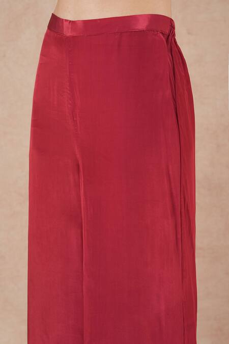 Dori & CO._Red Embroidery Split V-neck Ruby Silk Crepe Kurta And Pants Set _Online_at_Aza_Fashions