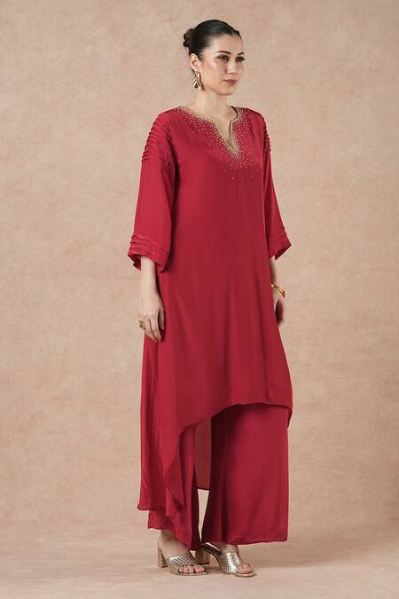 Shop_Dori & CO._Red Embroidery Split V-neck Ruby Silk Crepe Kurta And Pants Set _Online_at_Aza_Fashions