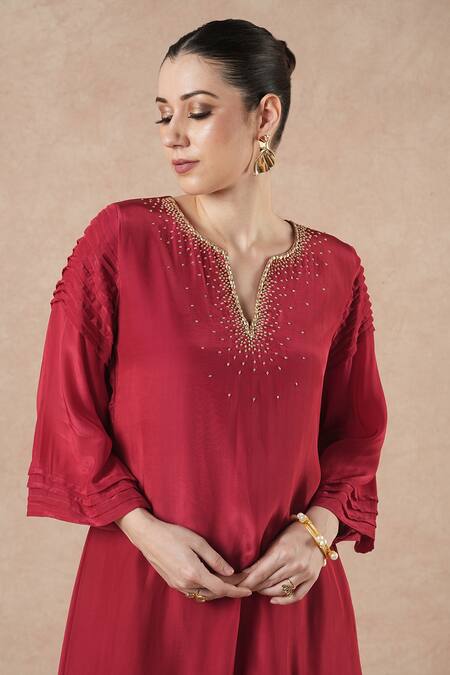 Dori & CO._Red Embroidery Split V-neck Ruby Silk Crepe Kurta And Pants Set _at_Aza_Fashions