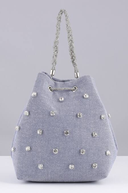 Modarta_Blue Rhinestones Sky Denim Bucket Bag _Online_at_Aza_Fashions
