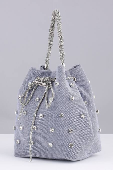 Buy_Modarta_Blue Rhinestones Sky Denim Bucket Bag _Online_at_Aza_Fashions