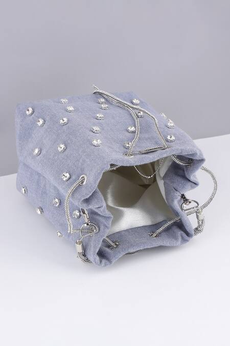 Modarta_Blue Rhinestones Sky Denim Bucket Bag _at_Aza_Fashions