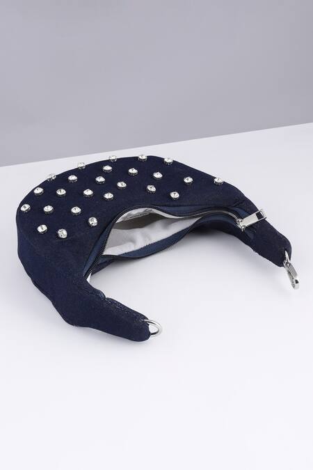 Modarta_Blue Rhinestones Denim Moon Shaped Purse _Online_at_Aza_Fashions