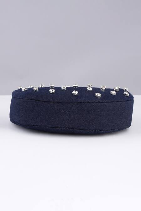 Buy_Modarta_Blue Rhinestones Denim Moon Shaped Purse _Online_at_Aza_Fashions