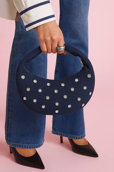 Shop_Modarta_Blue Rhinestones Denim Moon Shaped Purse _Online_at_Aza_Fashions