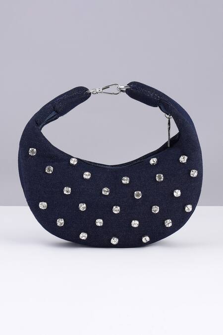 Modarta_Blue Rhinestones Denim Moon Shaped Purse _at_Aza_Fashions