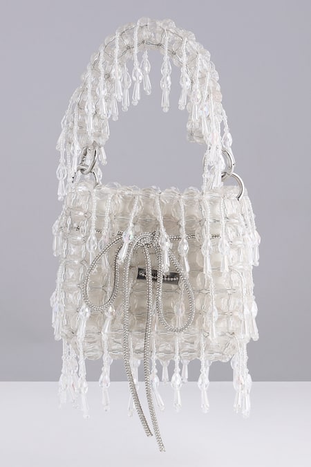 Modarta White Crystals, Beads Designer Bucket Bag With 