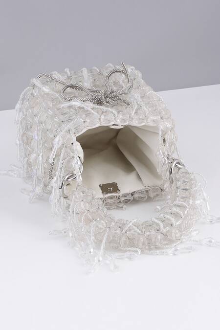 Modarta_White Beads, Chains Designer Bucket Bag With Crystals _Online_at_Aza_Fashions