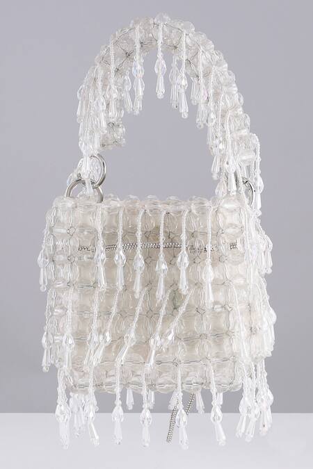 Buy_Modarta_White Beads, Chains Designer Bucket Bag With Crystals _Online_at_Aza_Fashions