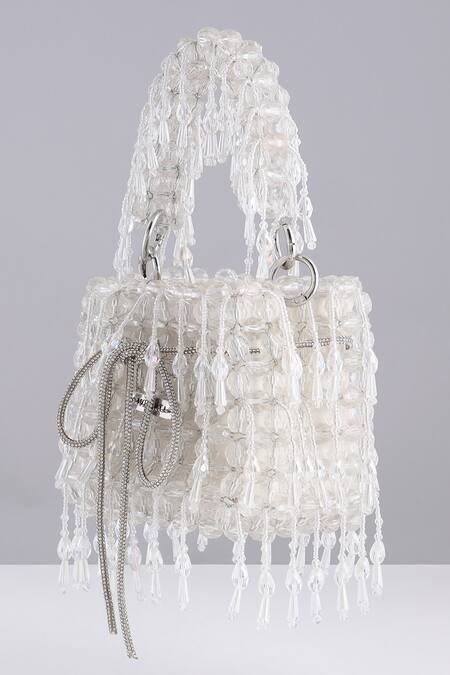 Shop_Modarta_White Beads, Chains Designer Bucket Bag With Crystals _Online_at_Aza_Fashions