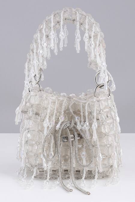 Modarta_White Beads, Chains Designer Bucket Bag With Crystals _at_Aza_Fashions