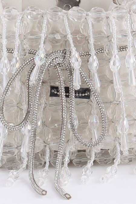 Buy_Modarta_White Beads, Chains Designer Bucket Bag With Crystals 