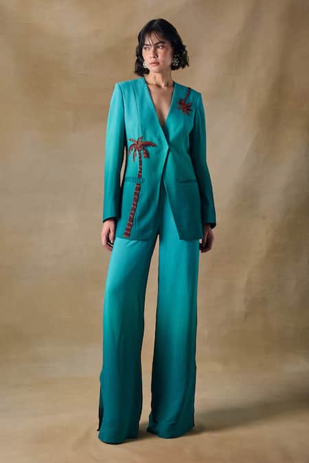 Buy_Pocketful Of Cherrie_Teal Cotton, Shantoon Beads Green Palm Tree Embroidered Blazer _Online_at_Aza_Fashions