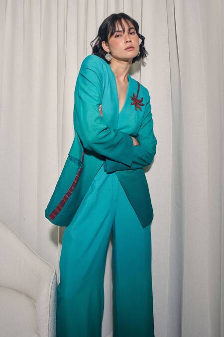 Pocketful Of Cherrie_Teal Cotton, Shantoon Embroidery Palm Reverie Straight Pants _Online_at_Aza_Fashions