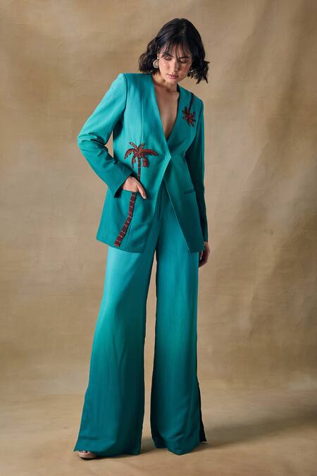 Shop_Pocketful Of Cherrie_Teal Cotton, Shantoon Embroidery Palm Reverie Straight Pants _Online_at_Aza_Fashions