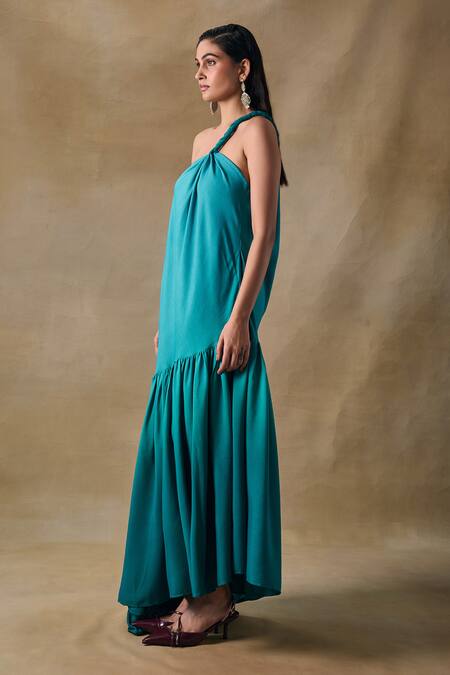 Shop_Pocketful Of Cherrie_Teal Cotton, Shantoon One Shoulder Green Twisted Dress _Online_at_Aza_Fashions