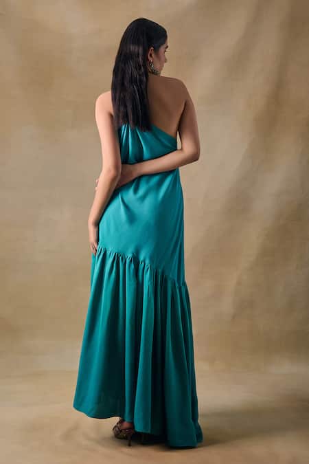 Pocketful Of Cherrie Teal Green Twisted One Shoulder Dress 