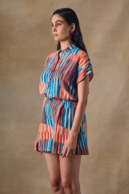 Pocketful Of Cherrie_Multi Color Collared Asilah Stripe Asymmetrical Shirt _Online_at_Aza_Fashions