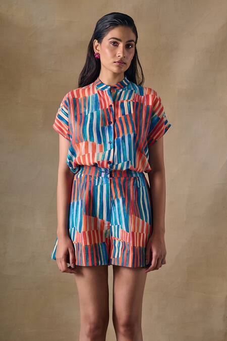 Buy_Pocketful Of Cherrie_Multi Color Collared Asilah Stripe Asymmetrical Shirt _Online_at_Aza_Fashions