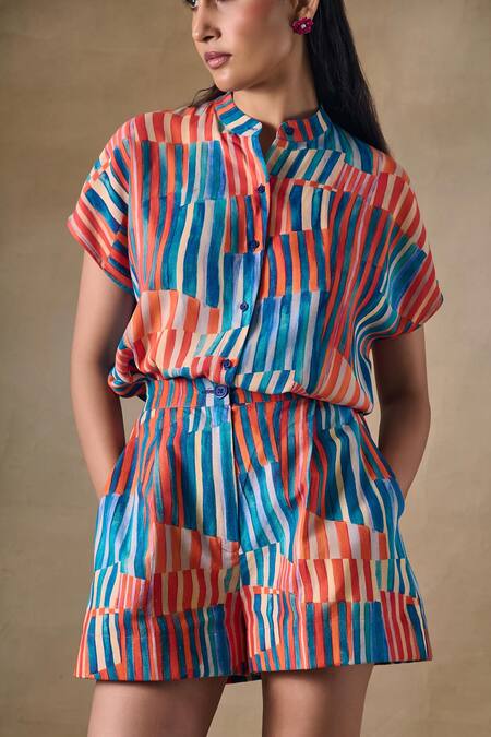 Shop_Pocketful Of Cherrie_Multi Color Collared Asilah Stripe Asymmetrical Shirt _Online_at_Aza_Fashions