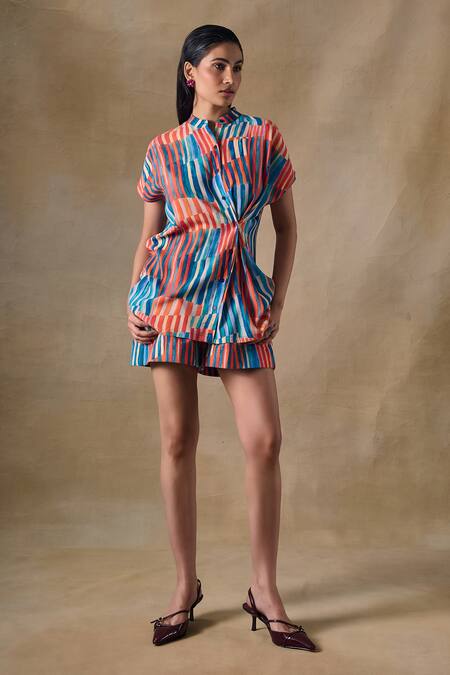 Buy_Pocketful Of Cherrie_Multi Color Collared Asilah Stripe Asymmetrical Shirt 