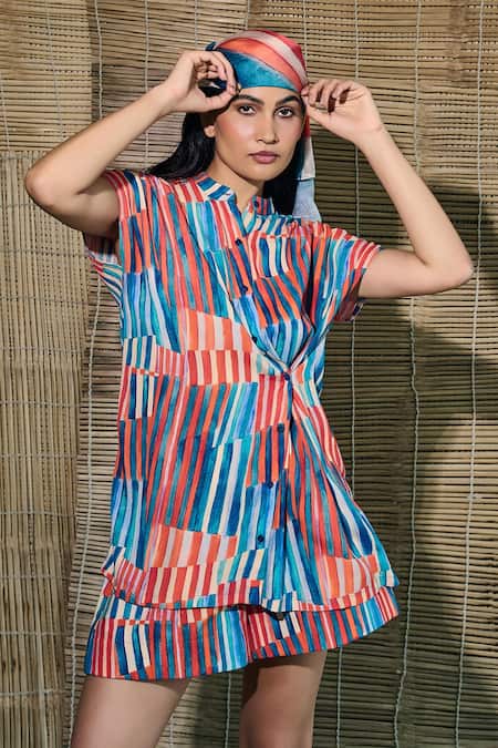 Pocketful Of Cherrie Multi Color Collared Asilah Stripe Asymmetrical Shirt