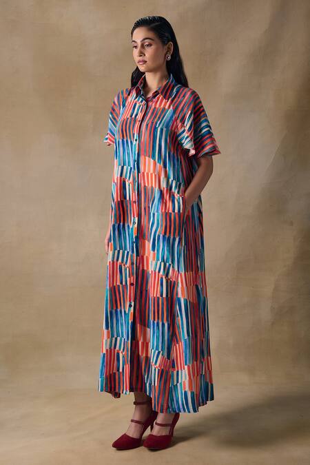Pocketful Of Cherrie_Collared Asilah Stripe Asymmetrical Dress _Online_at_Aza_Fashions
