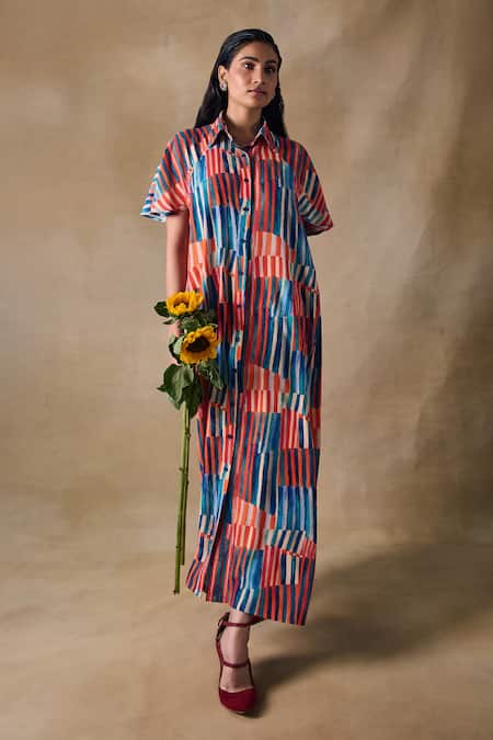 Pocketful Of Cherrie Collared Asilah Stripe Asymmetrical Dress