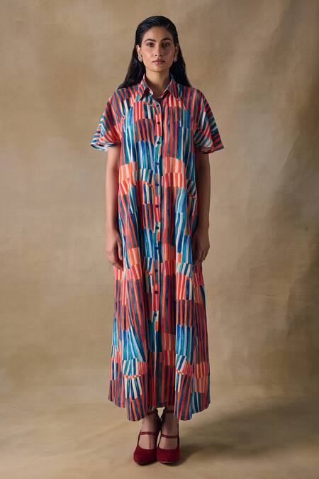 Buy_Pocketful Of Cherrie_Collared Asilah Stripe Asymmetrical Dress _Online_at_Aza_Fashions