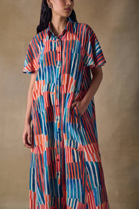 Shop_Pocketful Of Cherrie_Collared Asilah Stripe Asymmetrical Dress _Online_at_Aza_Fashions