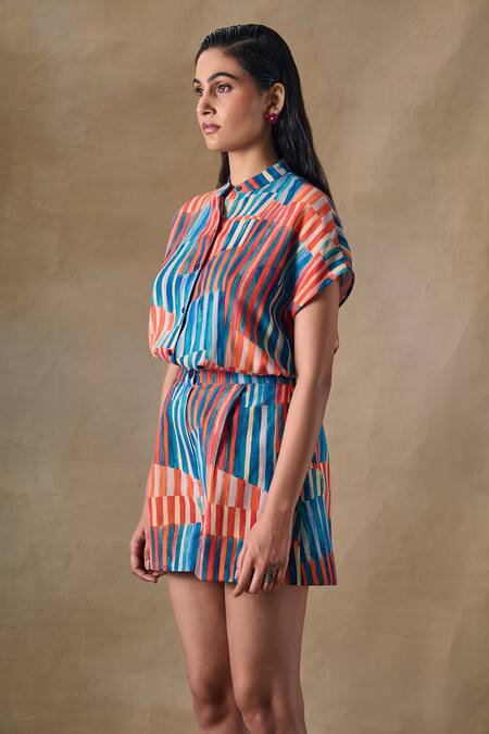 Pocketful Of Cherrie_Multi Color Hand Drawn Stripe Relaxed Shorts _Online_at_Aza_Fashions