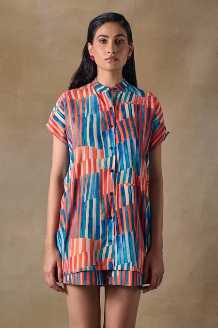 Shop_Pocketful Of Cherrie_Multi Color Hand Drawn Stripe Relaxed Shorts _Online_at_Aza_Fashions