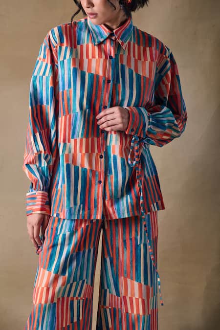 Pocketful Of Cherrie_Multi Color Collared Hand Drawn Stripe Drawstring Shirt _Online_at_Aza_Fashions