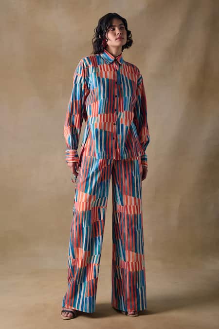 Pocketful Of Cherrie Multi Color Collared Hand Drawn Stripe Drawstring Shirt