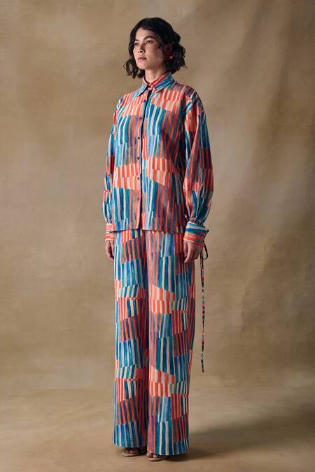 Buy_Pocketful Of Cherrie_Multi Color Collared Hand Drawn Stripe Drawstring Shirt _Online_at_Aza_Fashions
