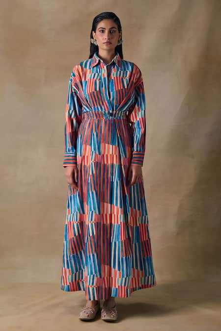 Pocketful Of Cherrie Embroidery Collared Hand Drawn Stripe Flowy Wrap Dress