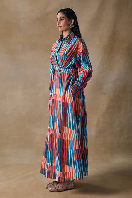 Pocketful Of Cherrie_Embroidery Collared Hand Drawn Stripe Flowy Wrap Dress _Online_at_Aza_Fashions