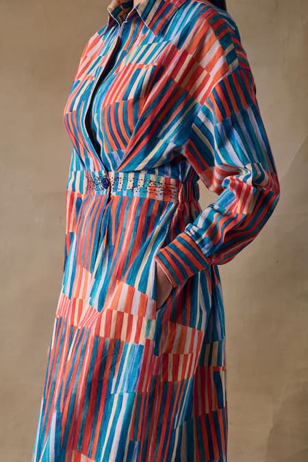 Buy_Pocketful Of Cherrie_Embroidery Collared Hand Drawn Stripe Flowy Wrap Dress _Online_at_Aza_Fashions