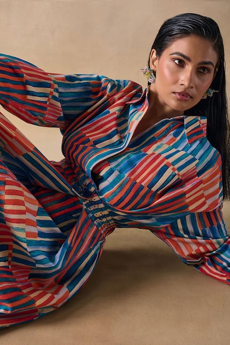 Shop_Pocketful Of Cherrie_Embroidery Collared Hand Drawn Stripe Flowy Wrap Dress _Online_at_Aza_Fashions