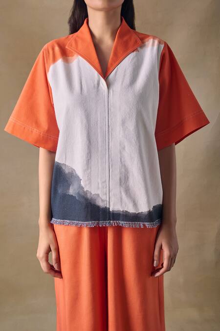 Pocketful Of Cherrie_Orange Collared Washed Kaftan Top _Online_at_Aza_Fashions